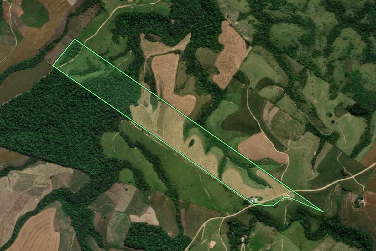 Imagem de satélite do imóvel rural em Prudentópolis (PR), com o contorno declarado no CAR desenhado por cima.