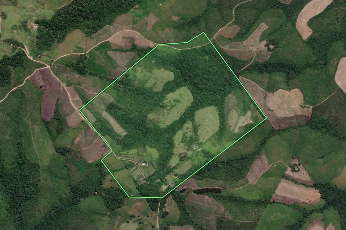 Imagem de satélite do imóvel rural em Prudentópolis (PR), com o contorno declarado no CAR desenhado por cima.
