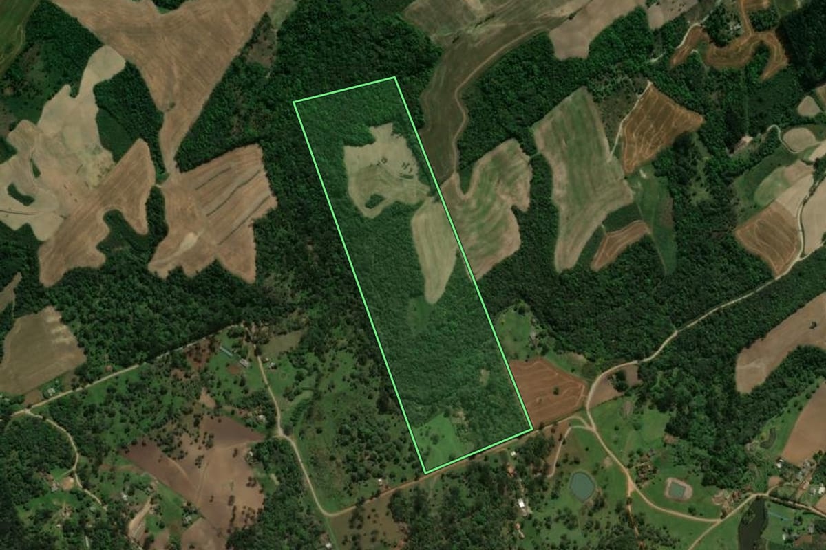 Imagem de satélite do imóvel rural em Prudentópolis (PR), com o contorno declarado no CAR desenhado por cima.