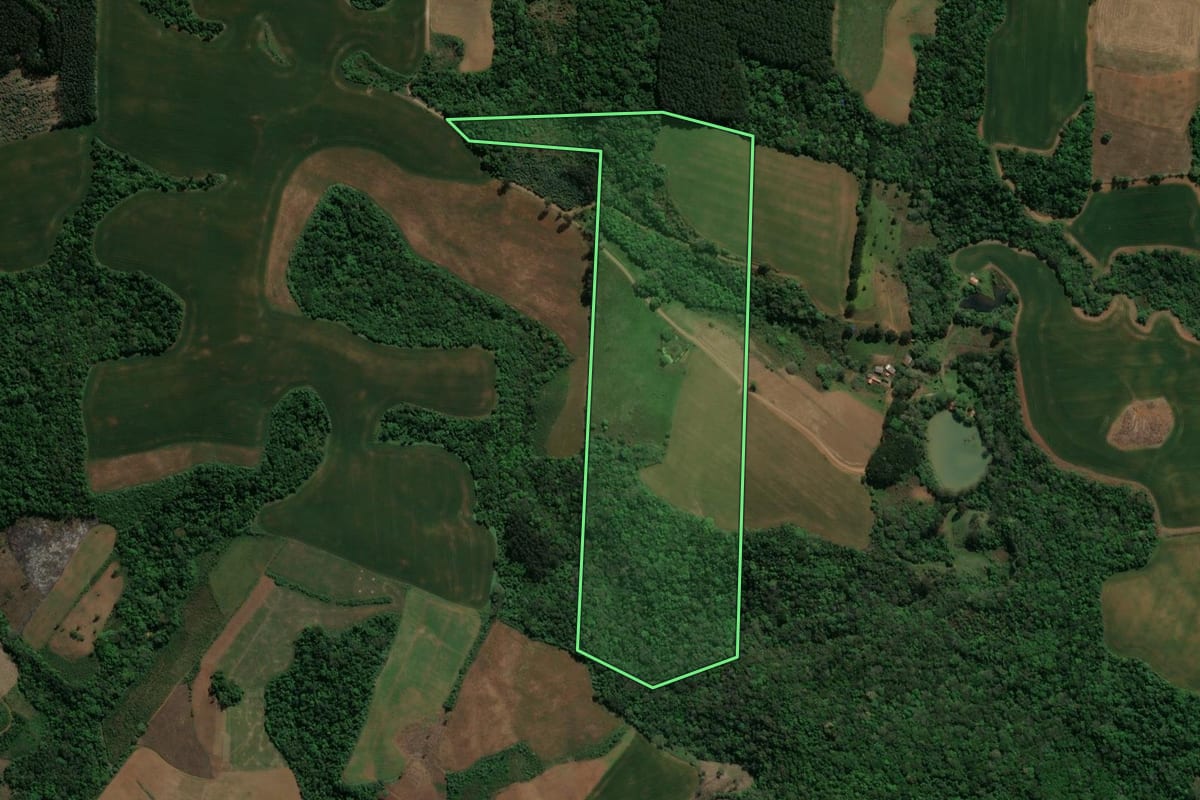 Imagem de satélite do imóvel rural em Prudentópolis (PR), com o contorno declarado no CAR desenhado por cima.
