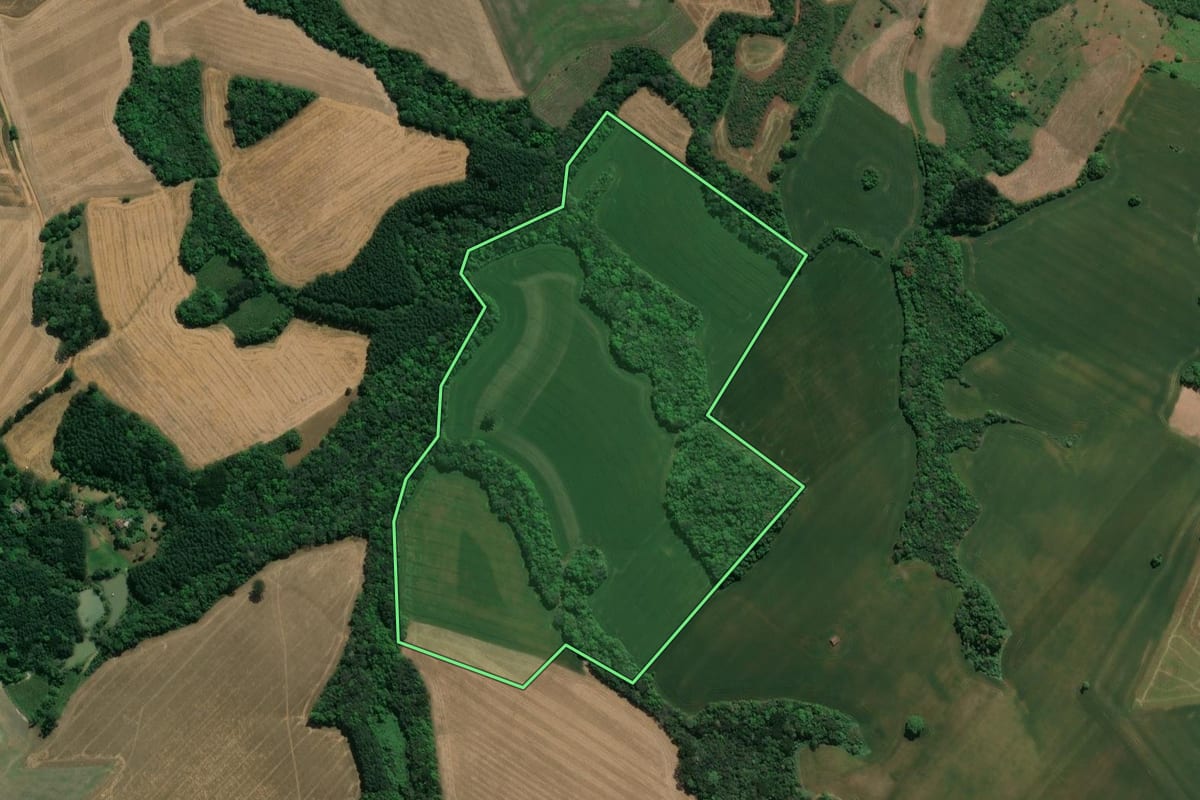 Imagem de satélite do imóvel rural em Prudentópolis (PR), com o contorno declarado no CAR desenhado por cima.