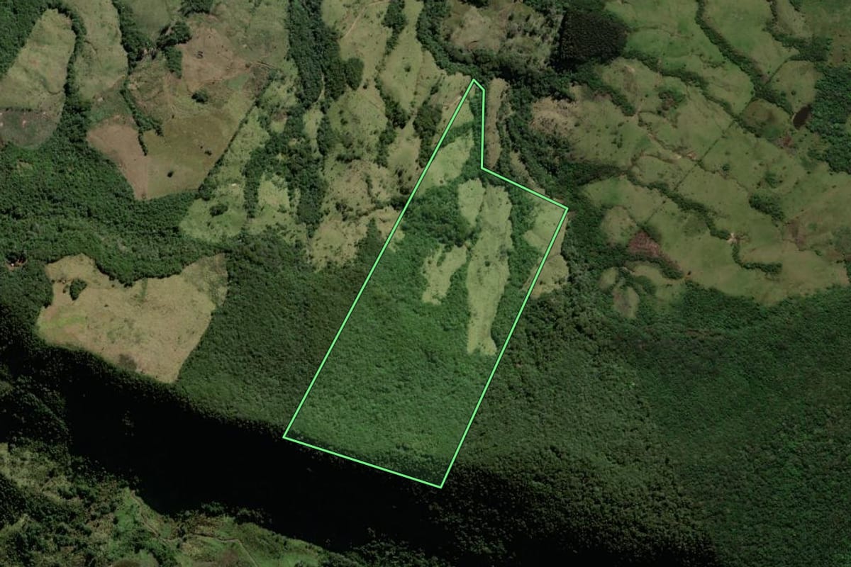 Imagem de satélite do imóvel rural em Prudentópolis (PR), com o contorno declarado no CAR desenhado por cima.
