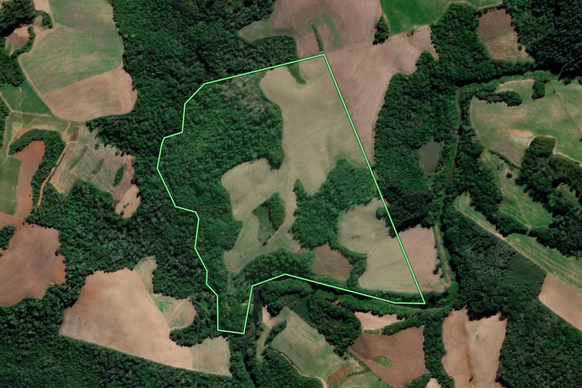 Imagem de satélite do imóvel rural em Prudentópolis (PR), com o contorno declarado no CAR desenhado por cima.