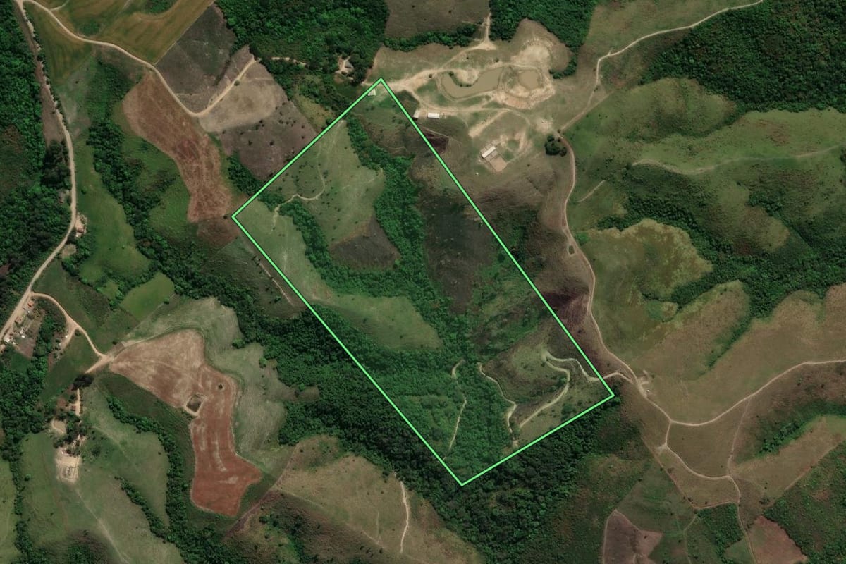 Imagem de satélite do imóvel rural em Prudentópolis (PR), com o contorno declarado no CAR desenhado por cima.