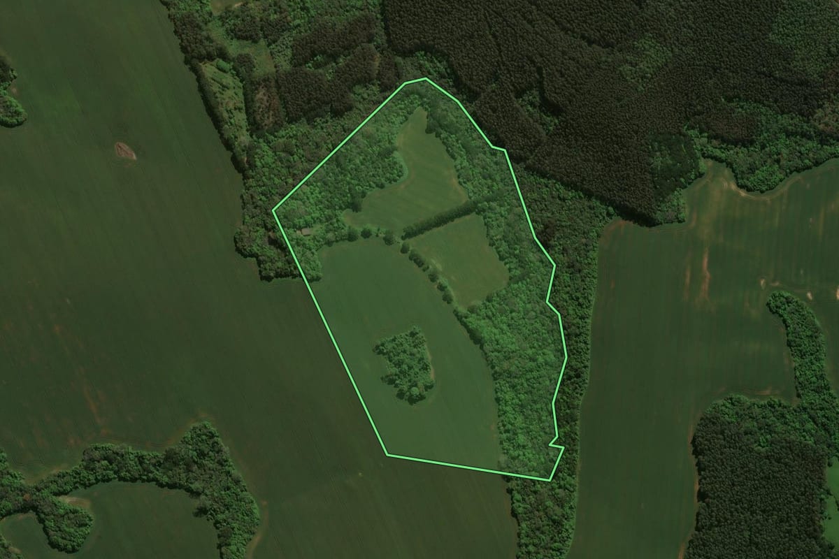 Imagem de satélite do imóvel rural em Prudentópolis (PR), com o contorno declarado no CAR desenhado por cima.
