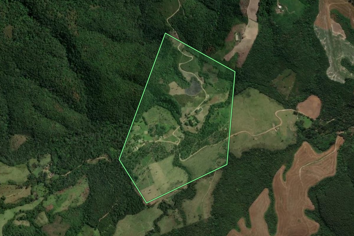 Imagem de satélite do imóvel rural em Prudentópolis (PR), com o contorno declarado no CAR desenhado por cima.