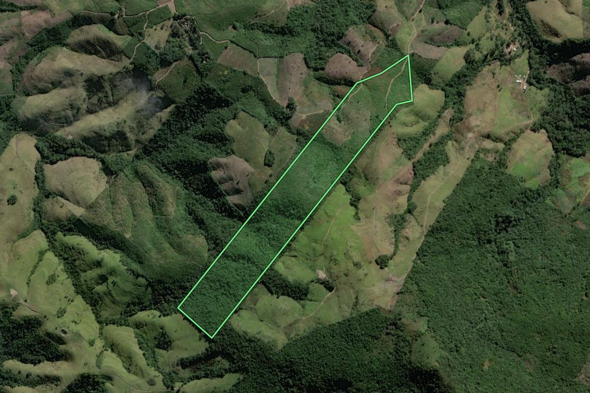 Imagem de satélite do imóvel rural em Prudentópolis (PR), com o contorno declarado no CAR desenhado por cima.