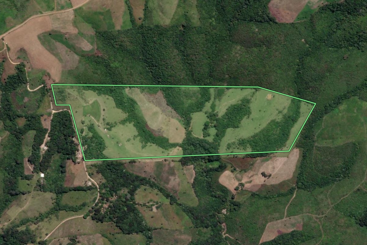 Imagem de satélite do imóvel rural em Prudentópolis (PR), com o contorno declarado no CAR desenhado por cima.