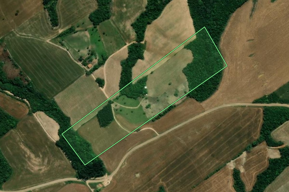 Imagem de satélite do imóvel rural em Prudentópolis (PR), com o contorno declarado no CAR desenhado por cima.
