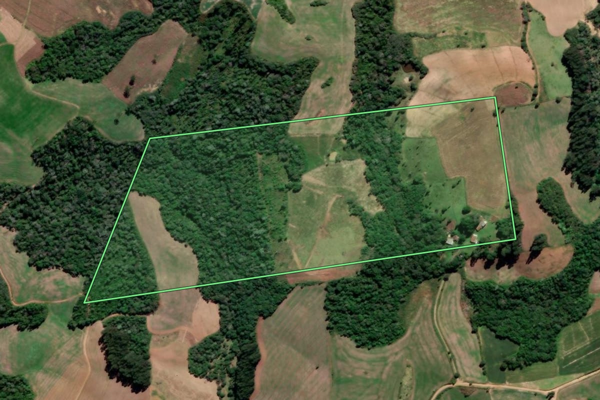 Imagem de satélite do imóvel rural em Prudentópolis (PR), com o contorno declarado no CAR desenhado por cima.