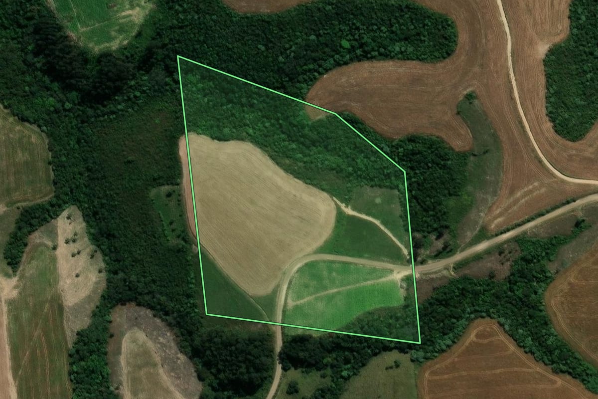 Imagem de satélite do imóvel rural em Prudentópolis (PR), com o contorno declarado no CAR desenhado por cima.