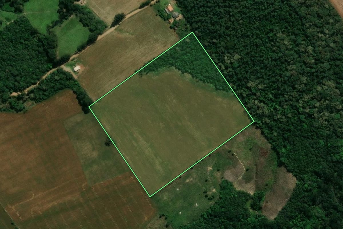 Imagem de satélite do imóvel rural em Prudentópolis (PR), com o contorno declarado no CAR desenhado por cima.