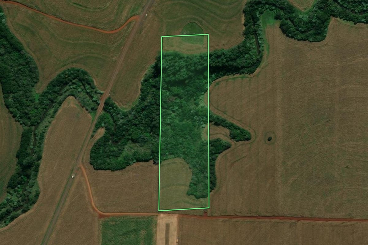 Imagem de satélite do imóvel rural em Quarto Centenário (PR), com o contorno declarado no CAR desenhado por cima.
