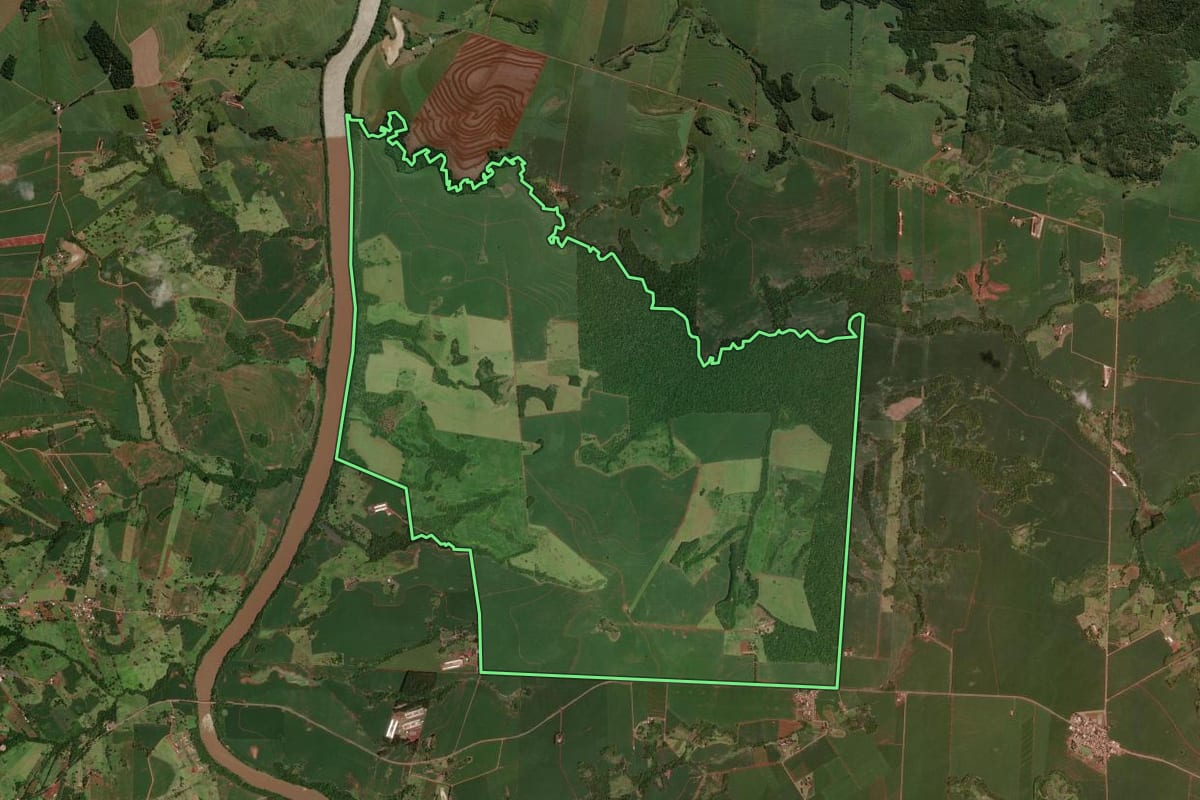 Imagem de satélite do imóvel rural em Quarto Centenário (PR), com o contorno declarado no CAR desenhado por cima.