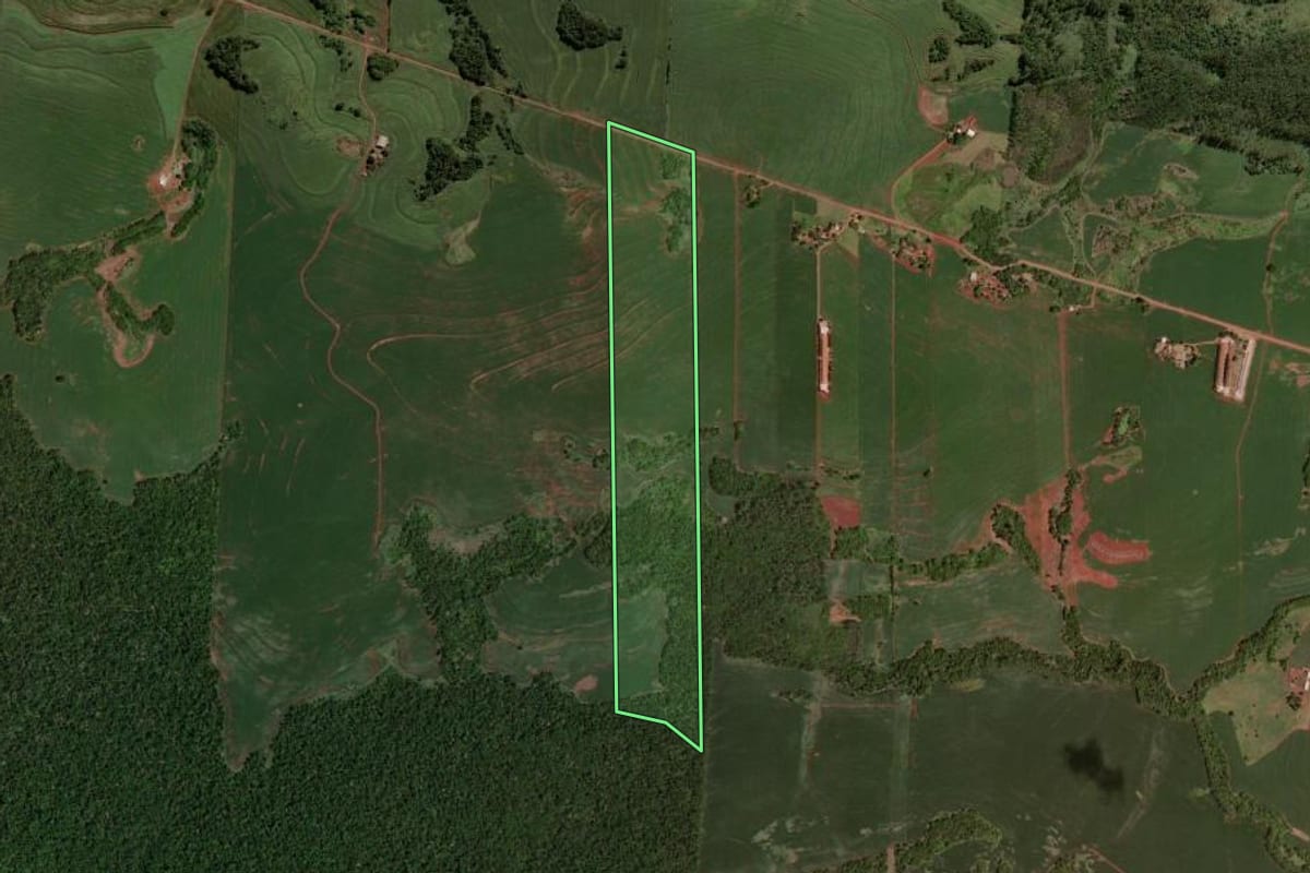 Imagem de satélite do imóvel rural em Quarto Centenário (PR), com o contorno declarado no CAR desenhado por cima.