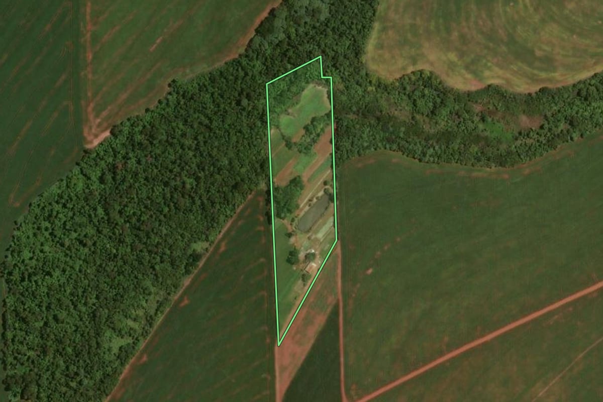 Imagem de satélite do imóvel rural em Quarto Centenário (PR), com o contorno declarado no CAR desenhado por cima.