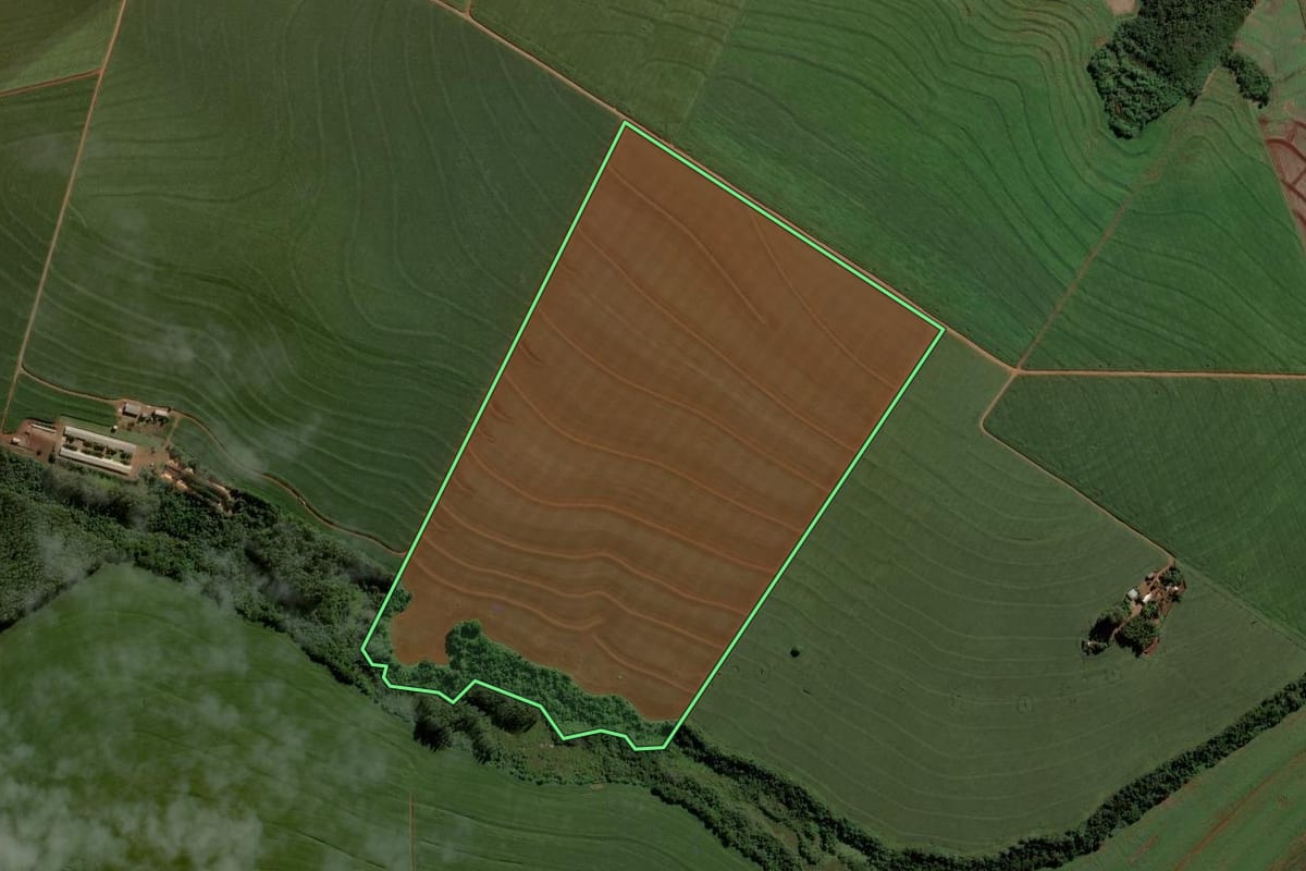 Imagem de satélite do imóvel rural em Quarto Centenário (PR), com o contorno declarado no CAR desenhado por cima.