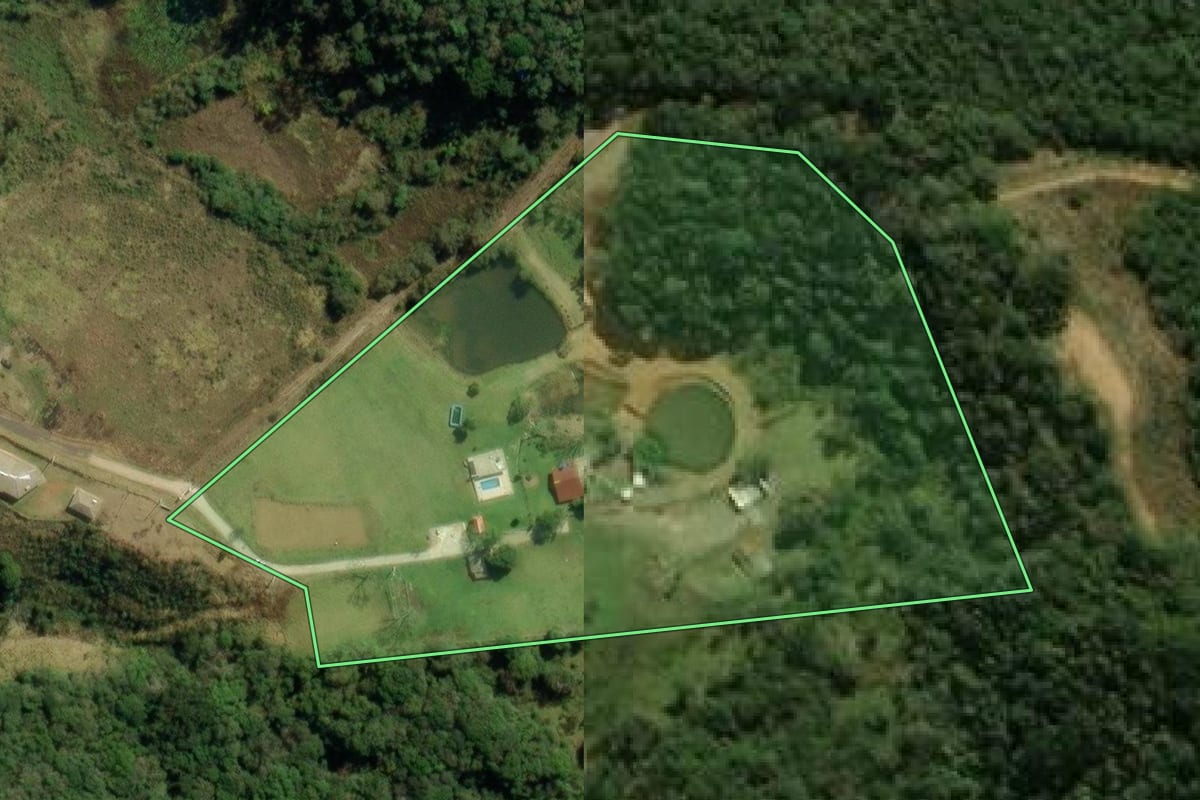 Imagem de satélite do imóvel rural em Quatro Barras (PR), com o contorno declarado no CAR desenhado por cima.