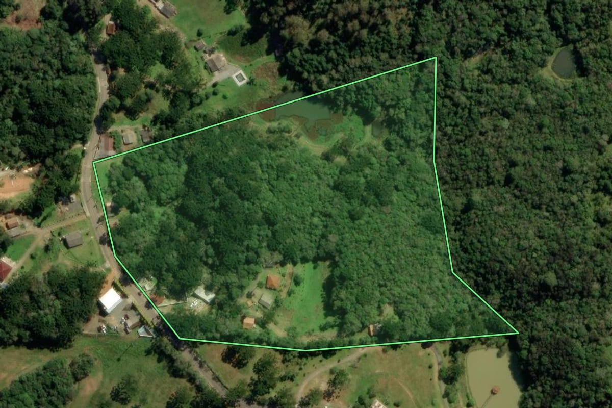 Imagem de satélite do imóvel rural em Quatro Barras (PR), com o contorno declarado no CAR desenhado por cima.