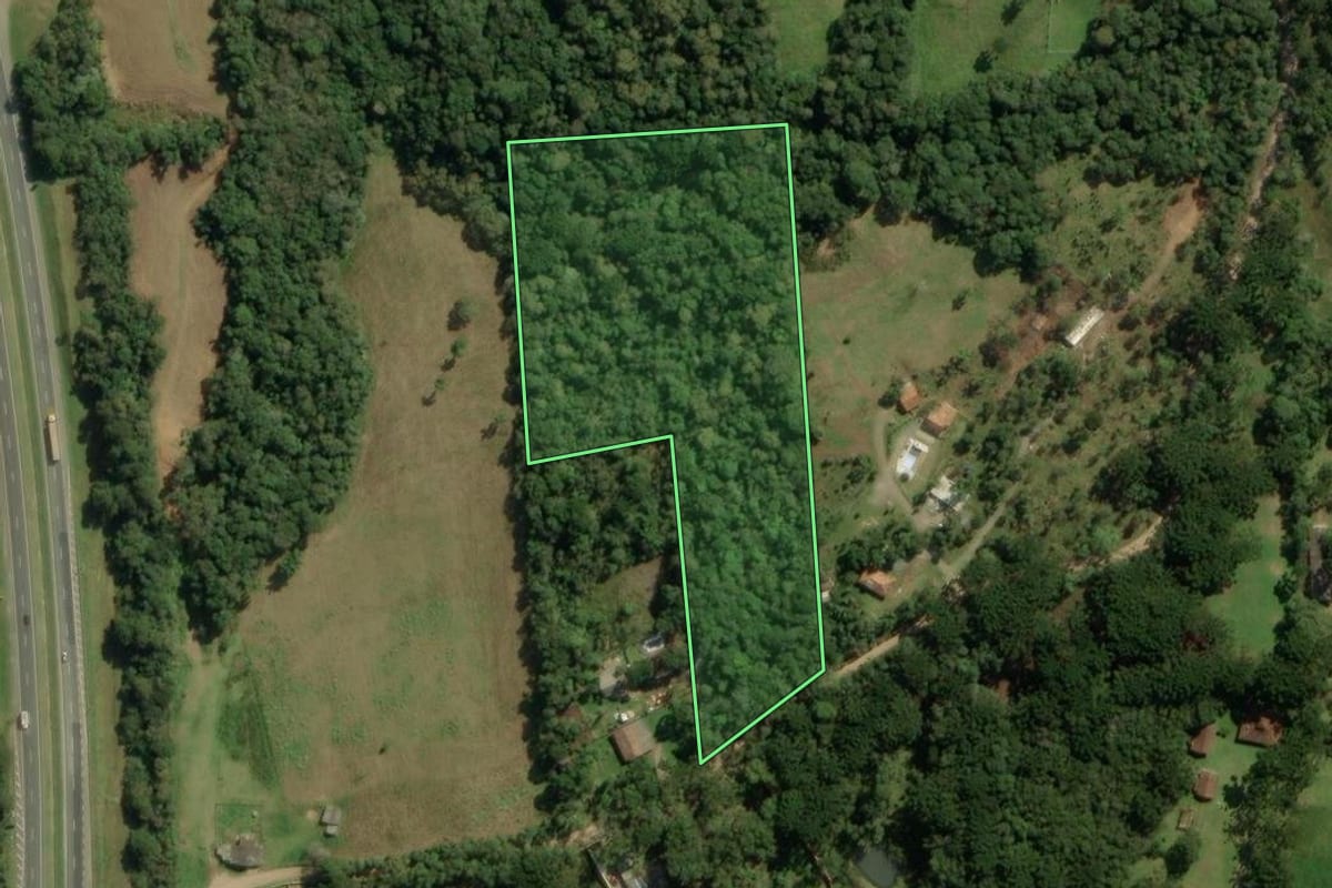 Imagem de satélite do imóvel rural em Quatro Barras (PR), com o contorno declarado no CAR desenhado por cima.