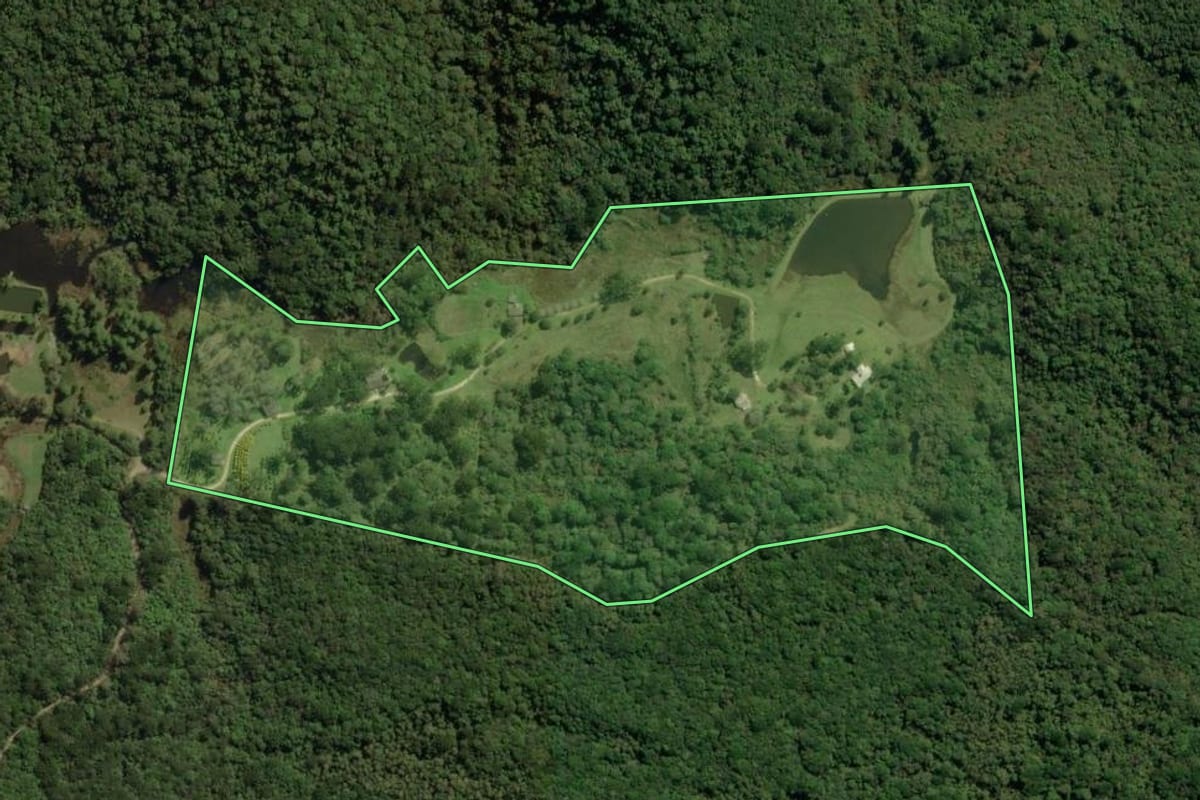 Imagem de satélite do imóvel rural em Quatro Barras (PR), com o contorno declarado no CAR desenhado por cima.