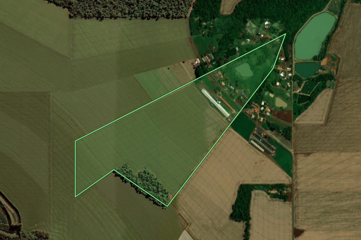 Imagem de satélite do imóvel rural em Quatro Pontes (PR), com o contorno declarado no CAR desenhado por cima.