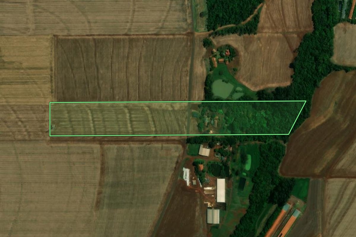 Imagem de satélite do imóvel rural em Quatro Pontes (PR), com o contorno declarado no CAR desenhado por cima.
