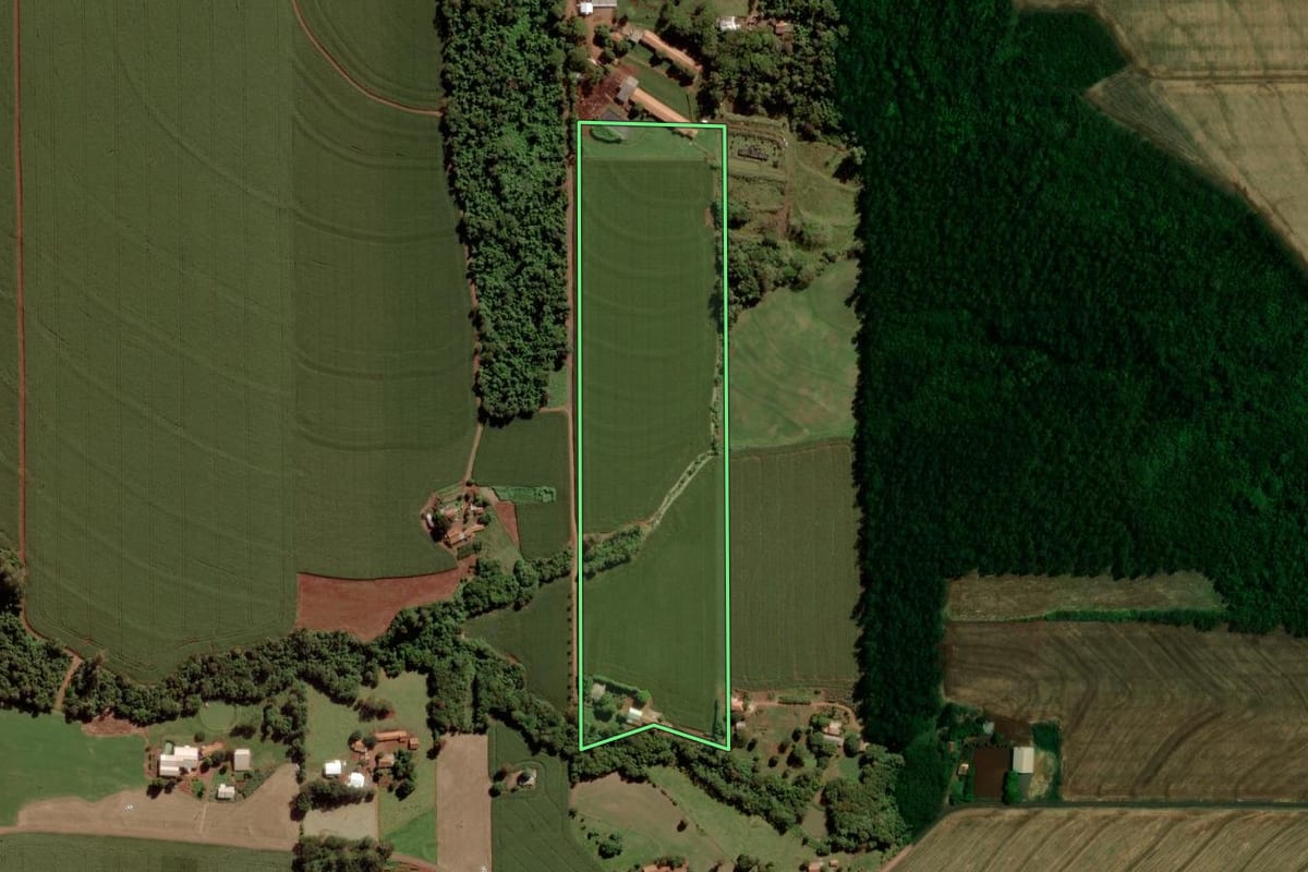 Imagem de satélite do imóvel rural em Quatro Pontes (PR), com o contorno declarado no CAR desenhado por cima.