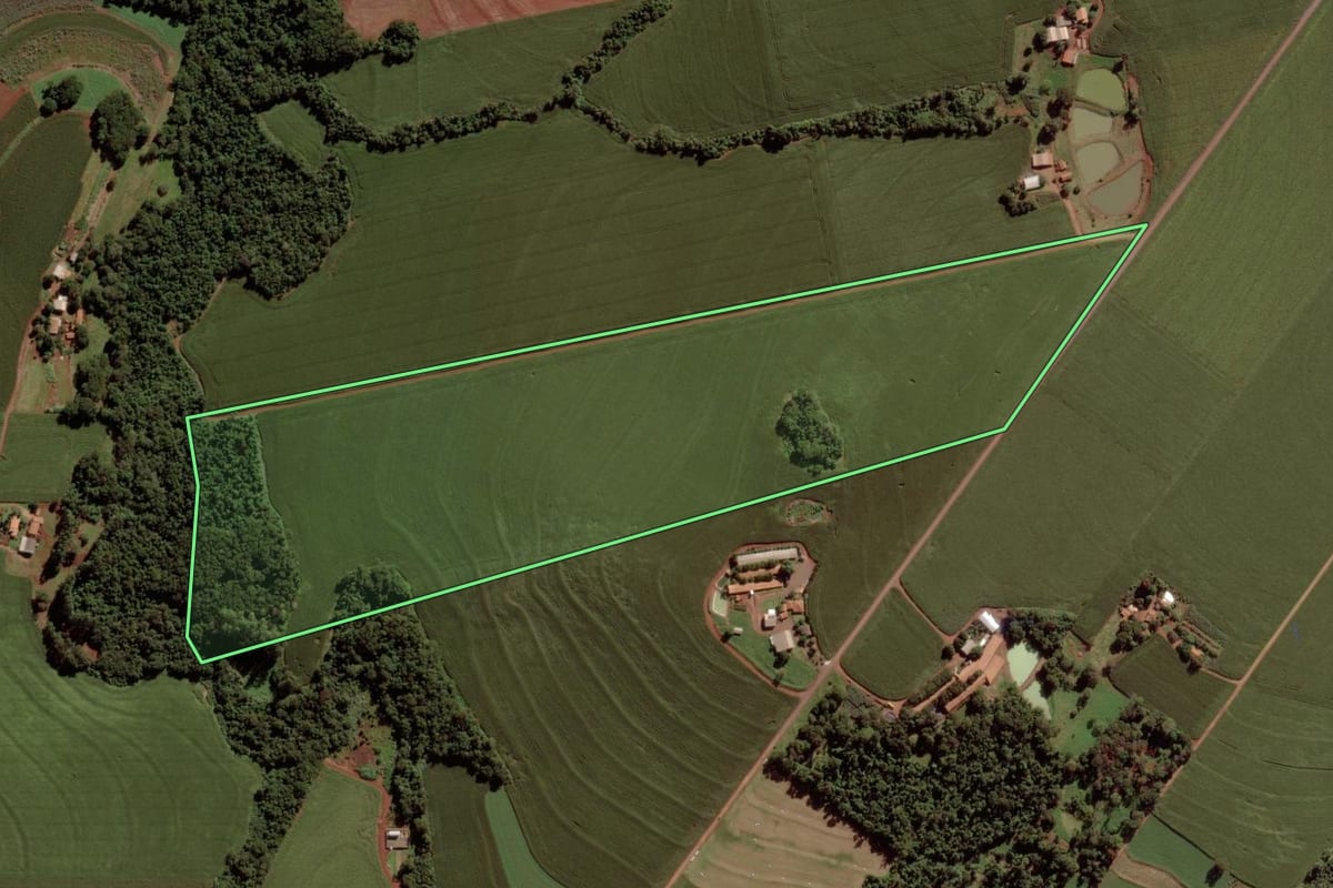 Imagem de satélite do imóvel rural em Quatro Pontes (PR), com o contorno declarado no CAR desenhado por cima.