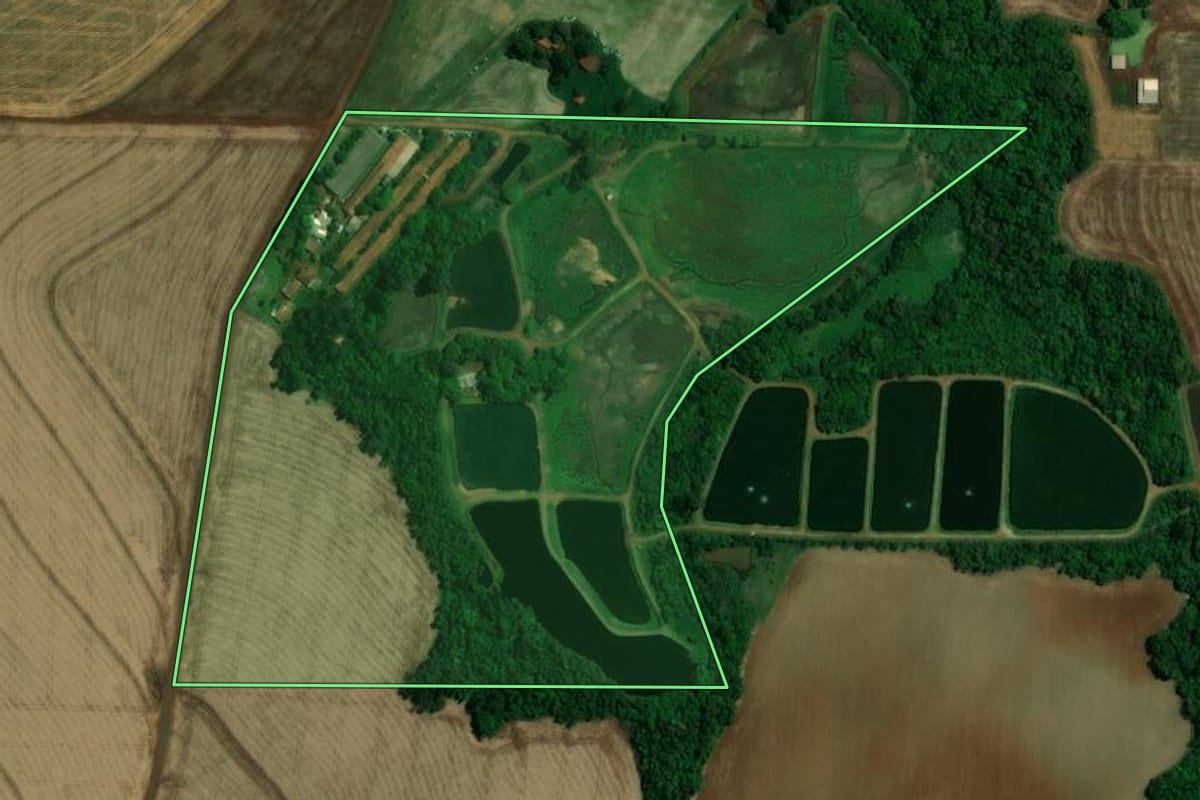 Imagem de satélite do imóvel rural em Quatro Pontes (PR), com o contorno declarado no CAR desenhado por cima.