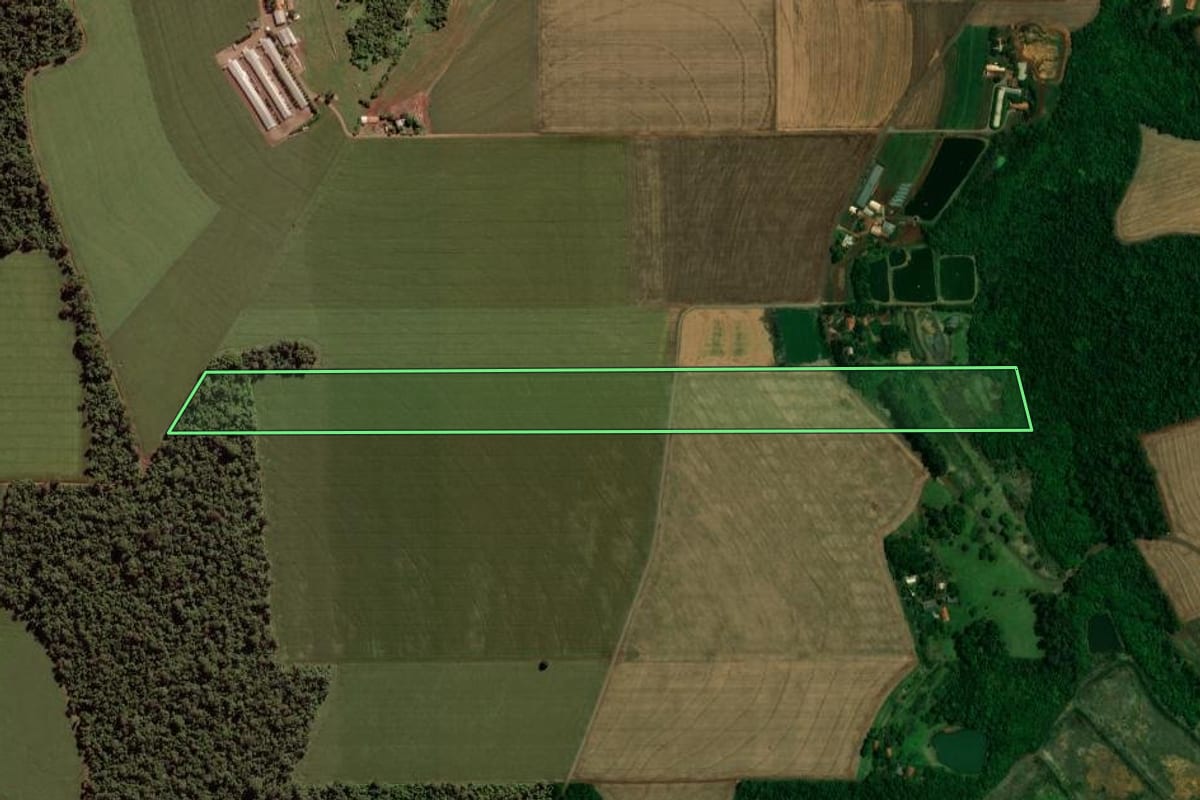 Imagem de satélite do imóvel rural em Quatro Pontes (PR), com o contorno declarado no CAR desenhado por cima.