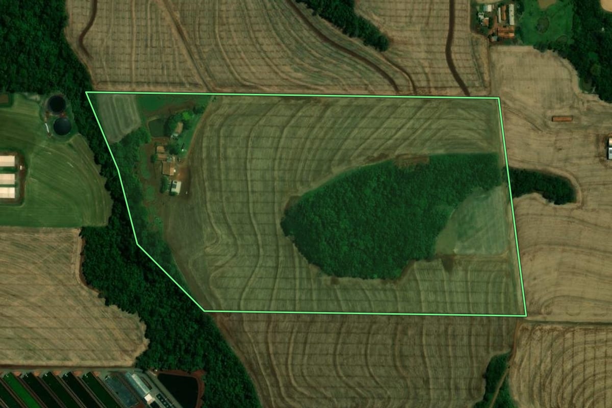 Imagem de satélite do imóvel rural em Quatro Pontes (PR), com o contorno declarado no CAR desenhado por cima.