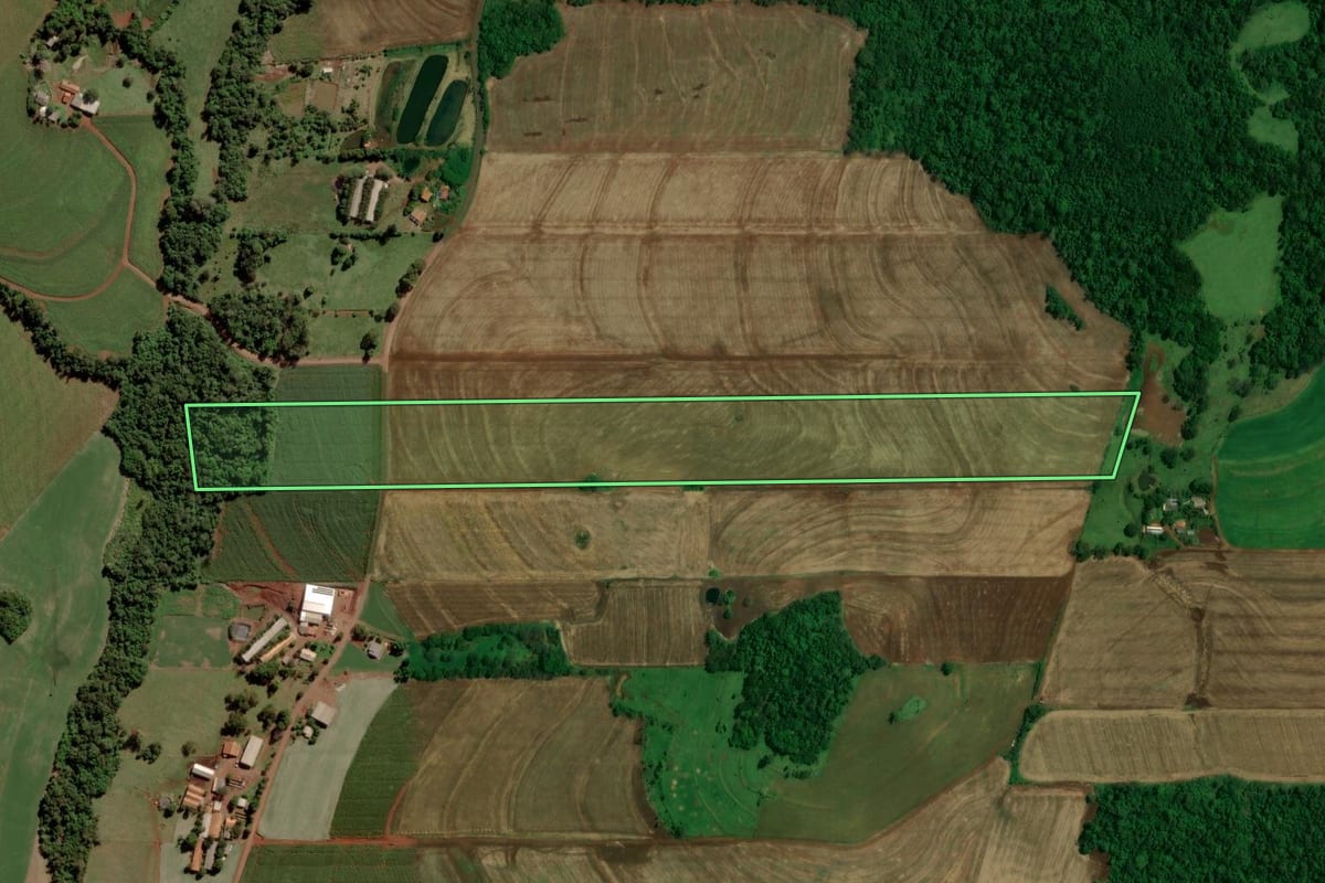 Imagem de satélite do imóvel rural em Quatro Pontes (PR), com o contorno declarado no CAR desenhado por cima.
