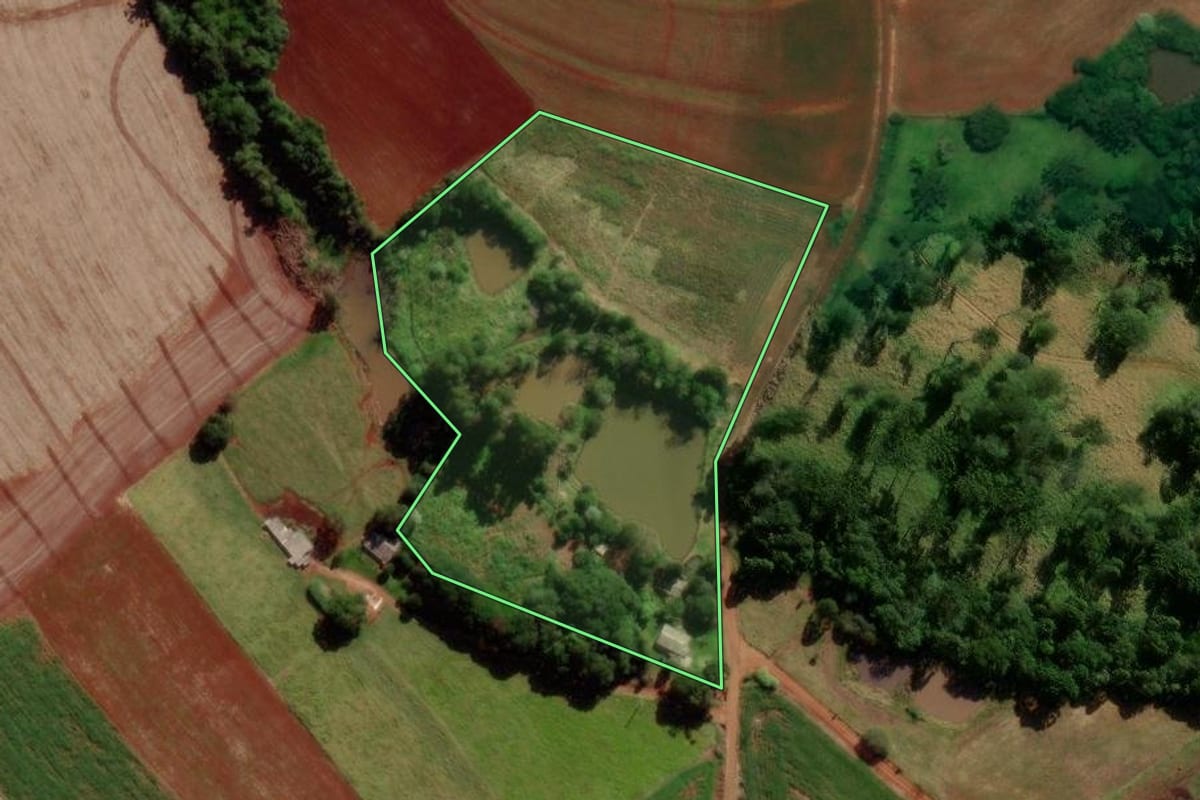 Imagem de satélite do imóvel rural em Quedas do Iguaçu (PR), com o contorno declarado no CAR desenhado por cima.