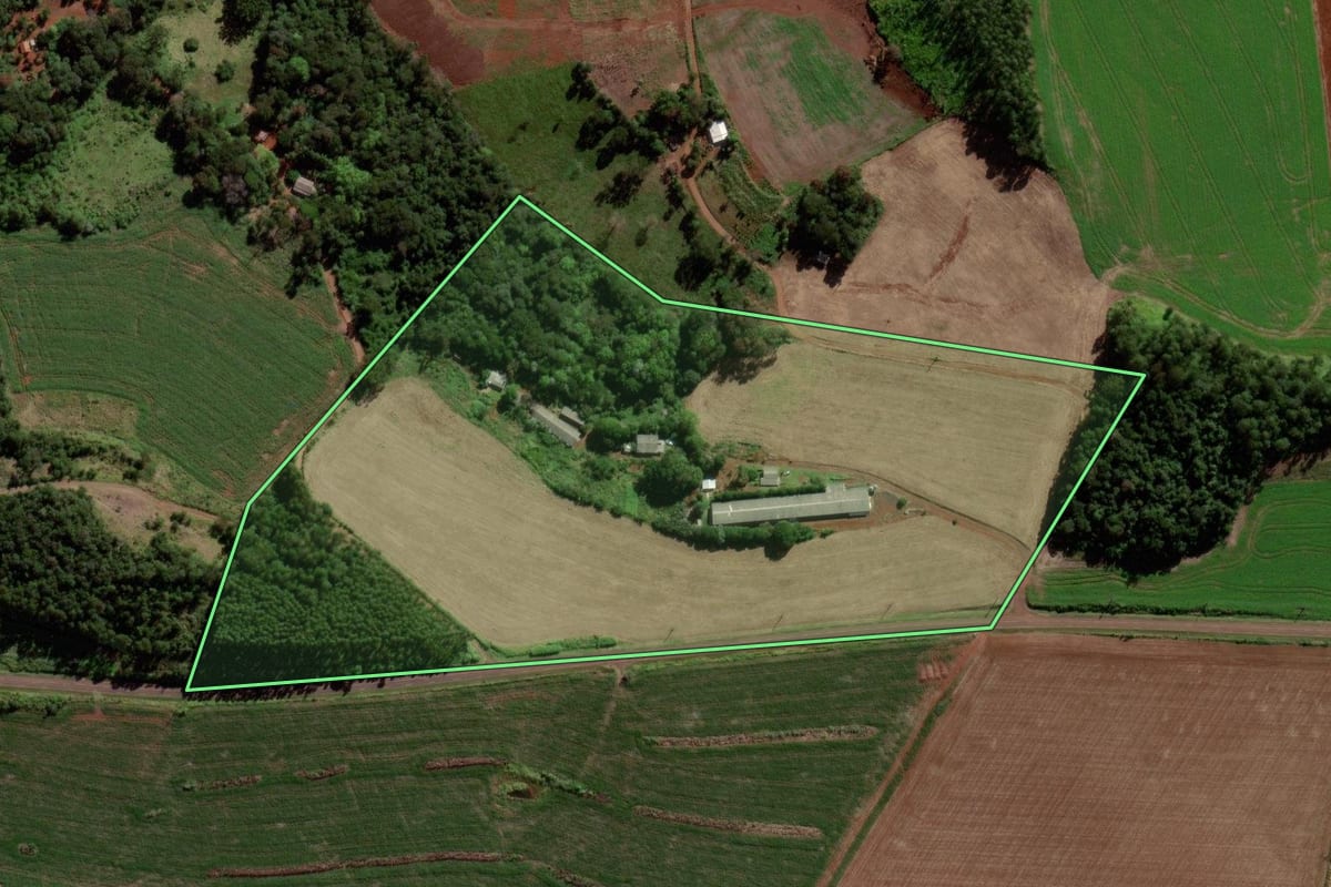 Imagem de satélite do imóvel rural em Quedas do Iguaçu (PR), com o contorno declarado no CAR desenhado por cima.