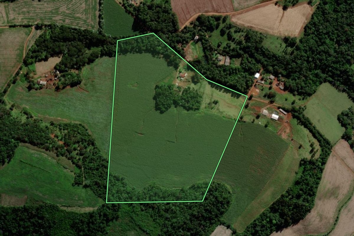 Imagem de satélite do imóvel rural em Quedas do Iguaçu (PR), com o contorno declarado no CAR desenhado por cima.