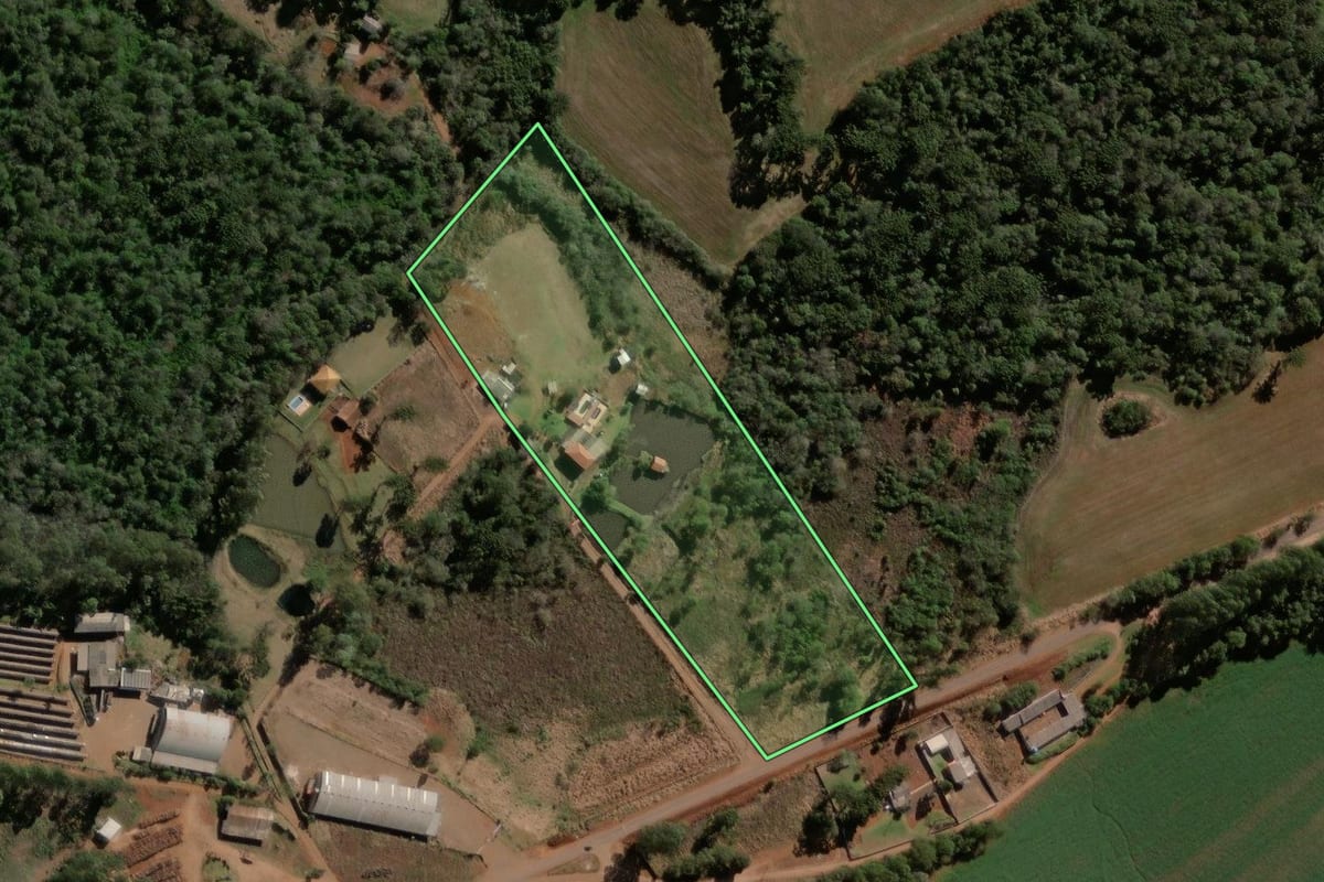 Imagem de satélite do imóvel rural em Quedas do Iguaçu (PR), com o contorno declarado no CAR desenhado por cima.