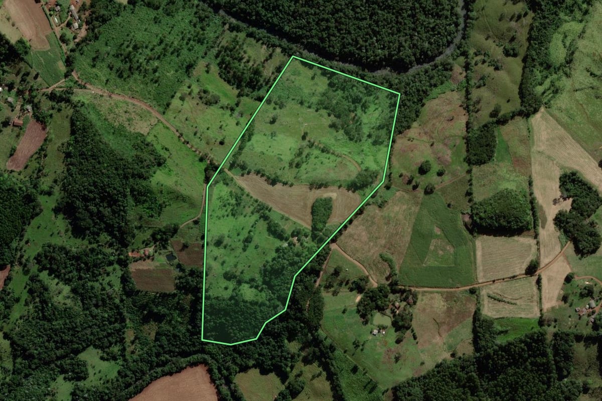 Imagem de satélite do imóvel rural em Quedas do Iguaçu (PR), com o contorno declarado no CAR desenhado por cima.