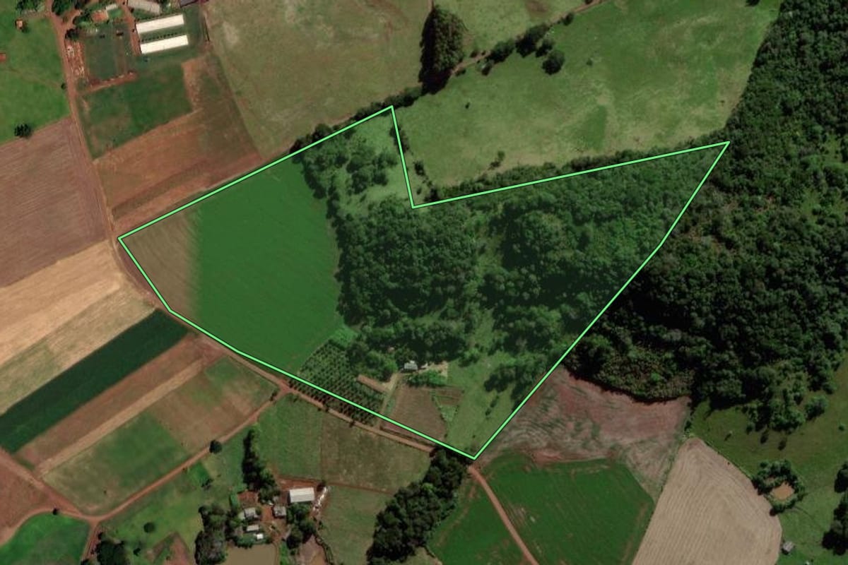 Imagem de satélite do imóvel rural em Quedas do Iguaçu (PR), com o contorno declarado no CAR desenhado por cima.