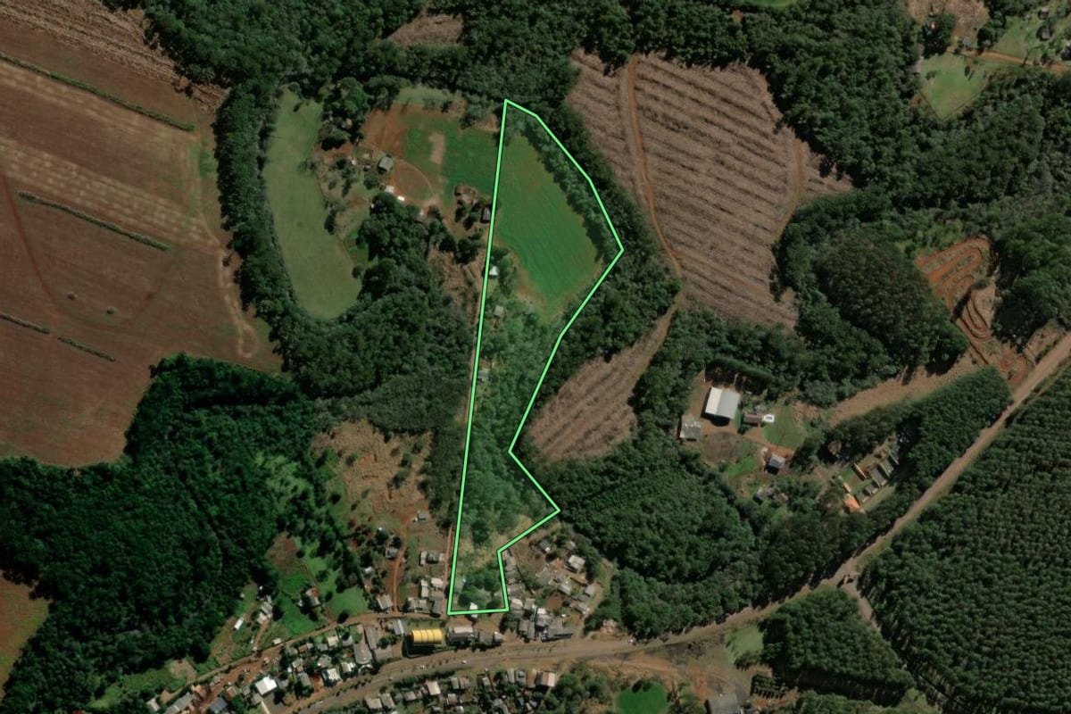 Imagem de satélite do imóvel rural em Quedas do Iguaçu (PR), com o contorno declarado no CAR desenhado por cima.