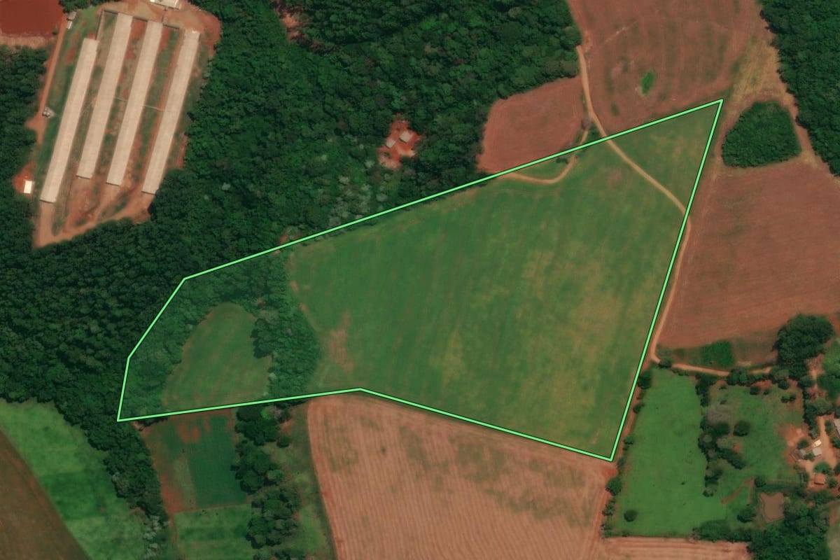 Imagem de satélite do imóvel rural em Quedas do Iguaçu (PR), com o contorno declarado no CAR desenhado por cima.