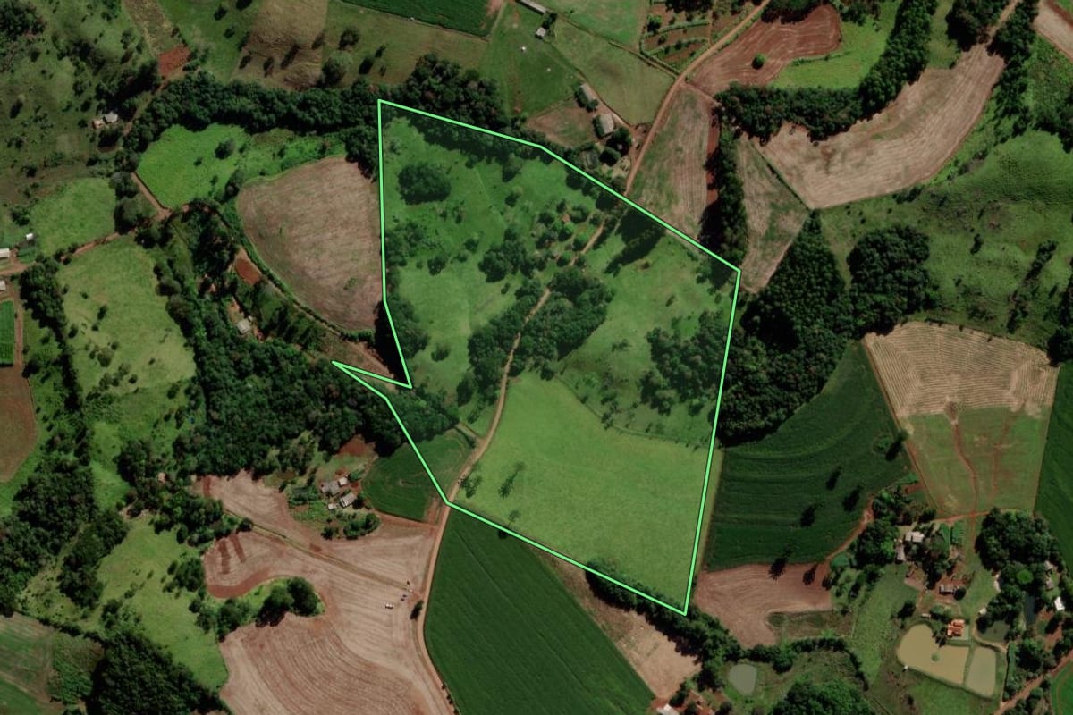 Imagem de satélite do imóvel rural em Quedas do Iguaçu (PR), com o contorno declarado no CAR desenhado por cima.