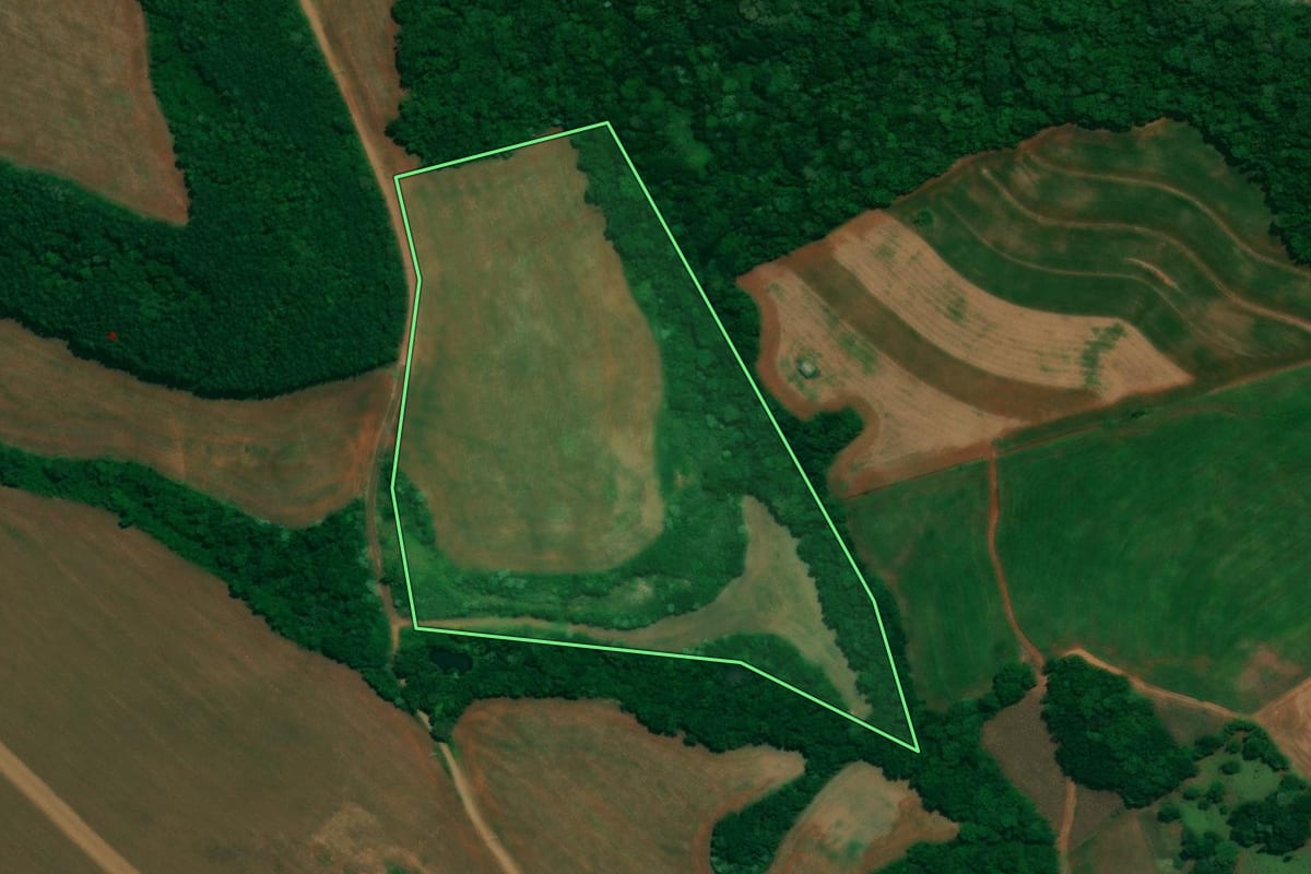 Imagem de satélite do imóvel rural em Quedas do Iguaçu (PR), com o contorno declarado no CAR desenhado por cima.