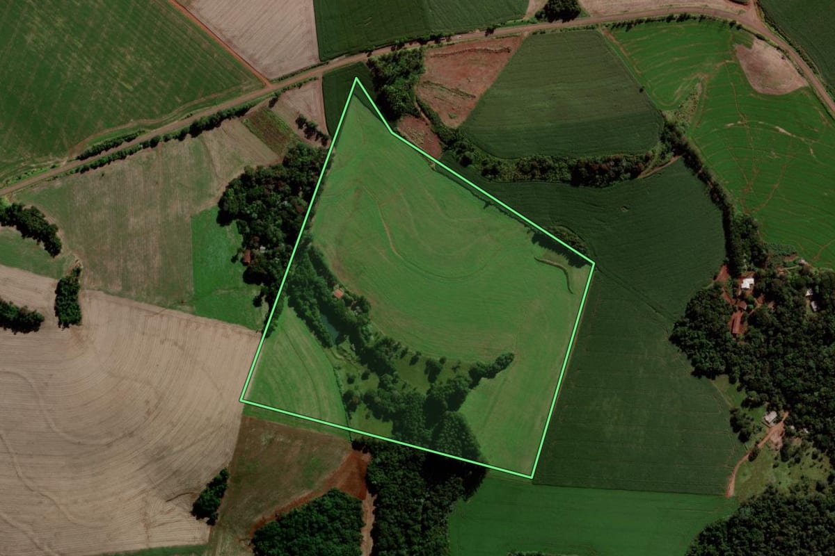Imagem de satélite do imóvel rural em Quedas do Iguaçu (PR), com o contorno declarado no CAR desenhado por cima.