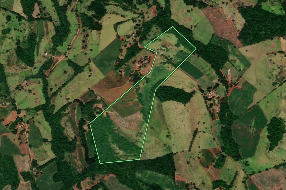 Imagem de satélite do imóvel rural em Quedas do Iguaçu (PR), com o contorno declarado no CAR desenhado por cima.