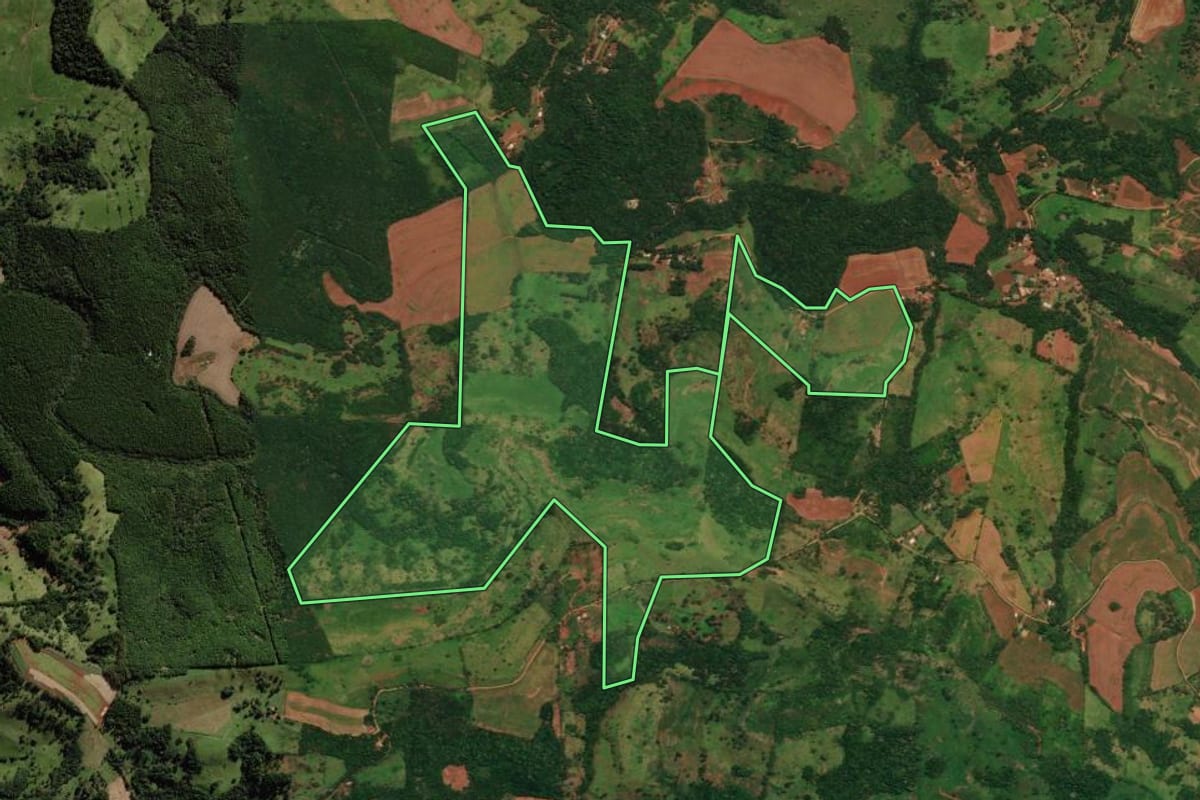 Imagem de satélite do imóvel rural em Quedas do Iguaçu (PR), com o contorno declarado no CAR desenhado por cima.