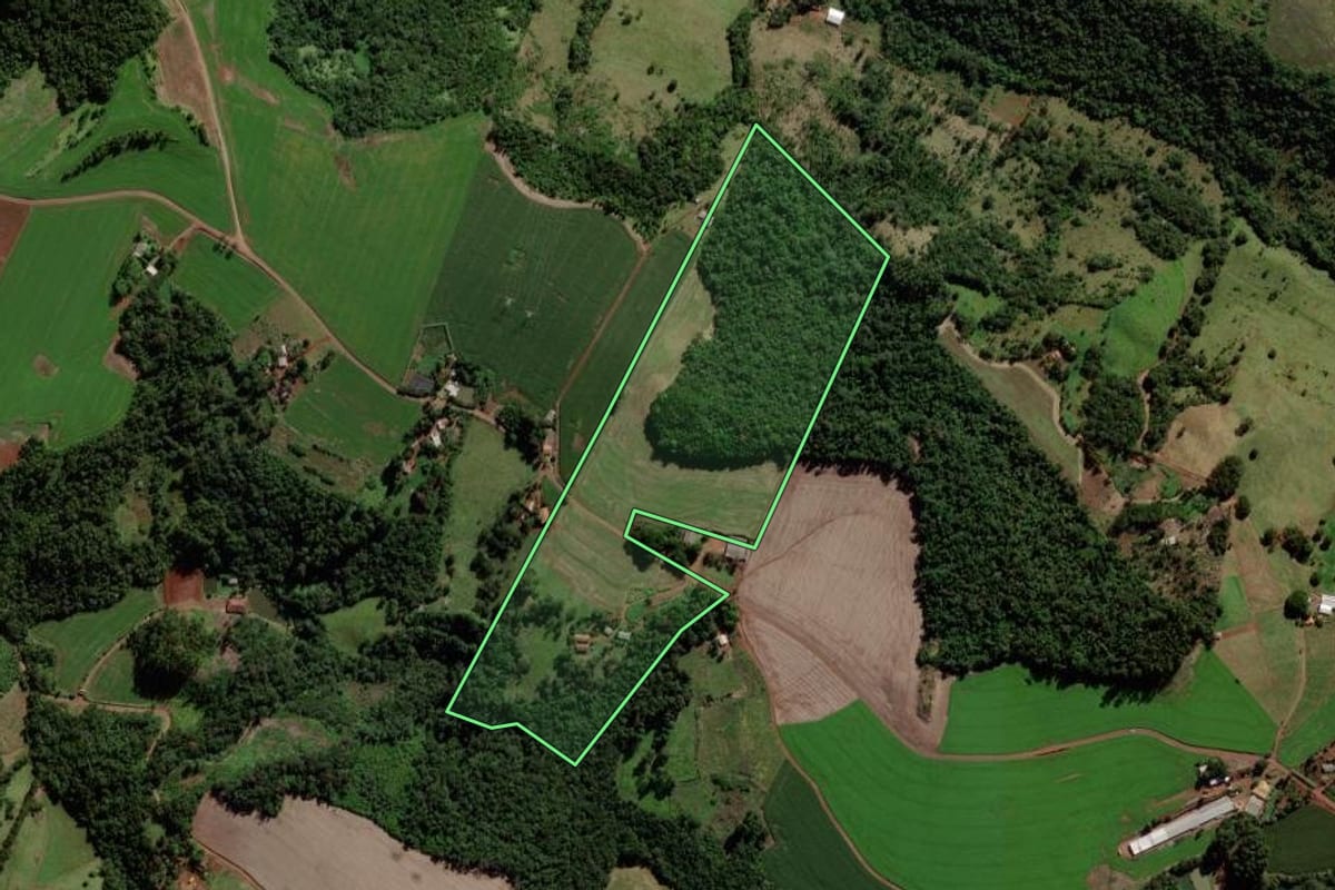 Imagem de satélite do imóvel rural em Quedas do Iguaçu (PR), com o contorno declarado no CAR desenhado por cima.