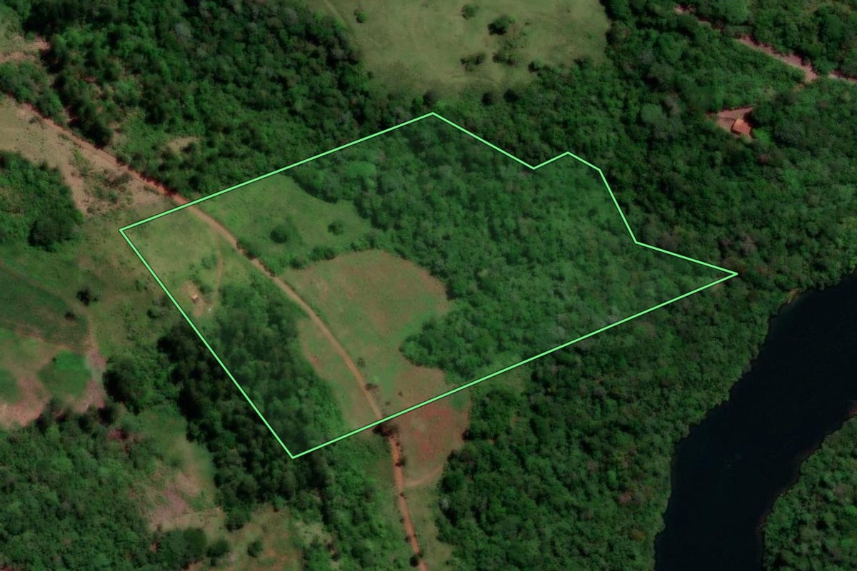 Imagem de satélite do imóvel rural em Quedas do Iguaçu (PR), com o contorno declarado no CAR desenhado por cima.
