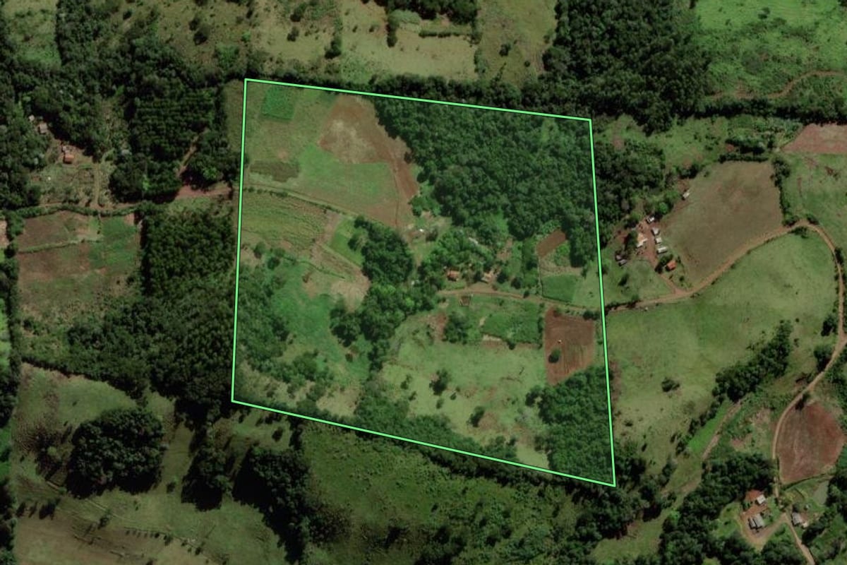 Imagem de satélite do imóvel rural em Quedas do Iguaçu (PR), com o contorno declarado no CAR desenhado por cima.