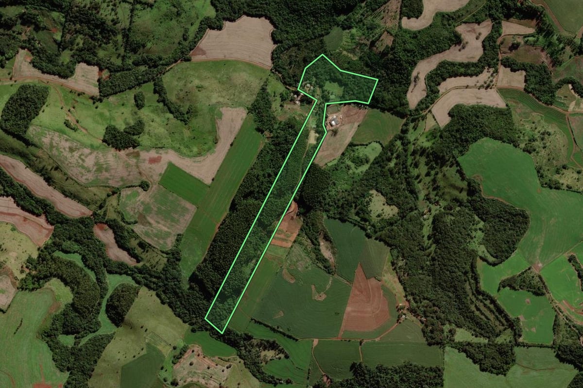Imagem de satélite do imóvel rural em Quedas do Iguaçu (PR), com o contorno declarado no CAR desenhado por cima.